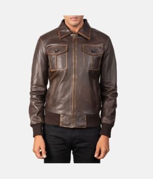 Shirt Style Brown Leather Bomber Jacket