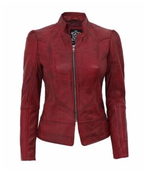Amy Womens Maroon Fitted Leather Jacket