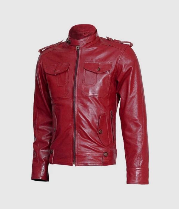 Biker Look Men Burgundy Leather Jacket