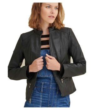 Caitlin Scuba Black Leather Jacket