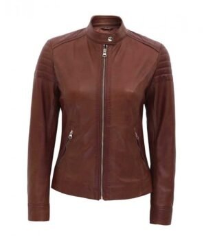 Women Carrie Brown Slim Fit Leather Jacket 5
