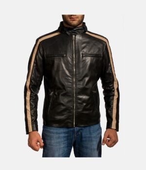 Black Leather Stripes Biker Jacket