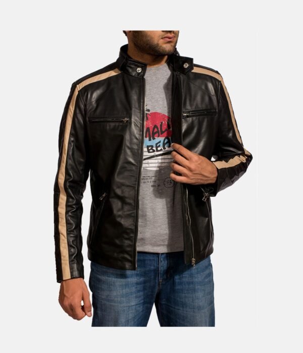 Black Leather Stripes Biker Jacket