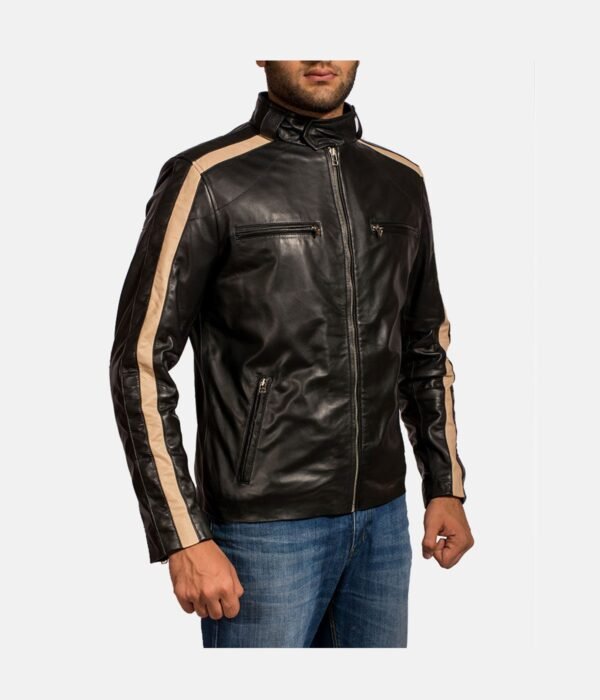 Black Leather Stripes Biker Jacket