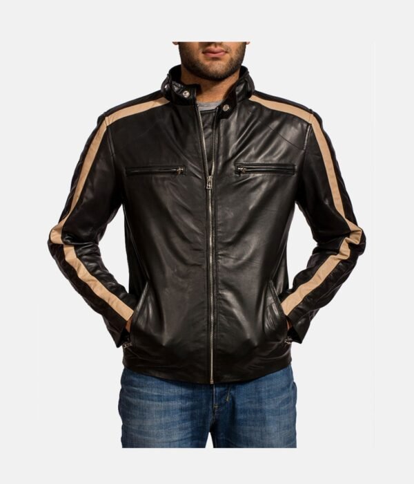 Black Leather Stripes Biker Jacket