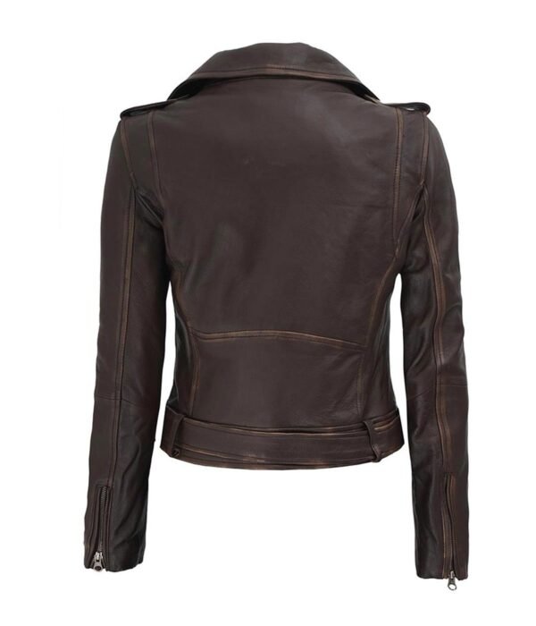 women Brown distressed leather jacket back