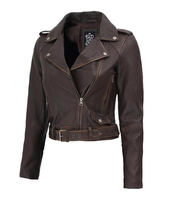 women Brown distressed leather jacket front