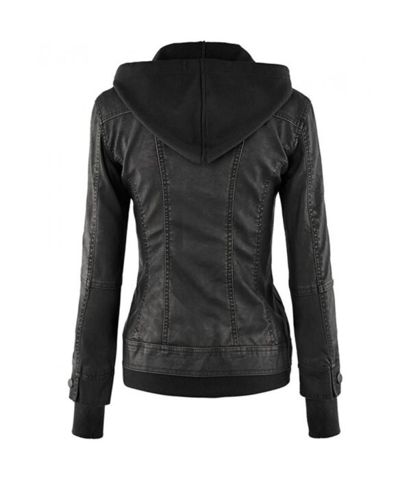 Black Women Hooded leather jacket03