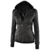 Black Women Hooded leather jacket01