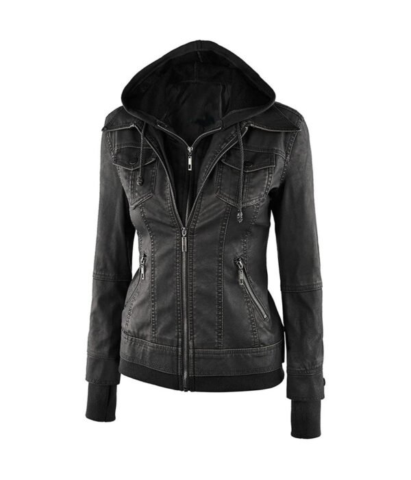 Black Women Hooded leather jacket01