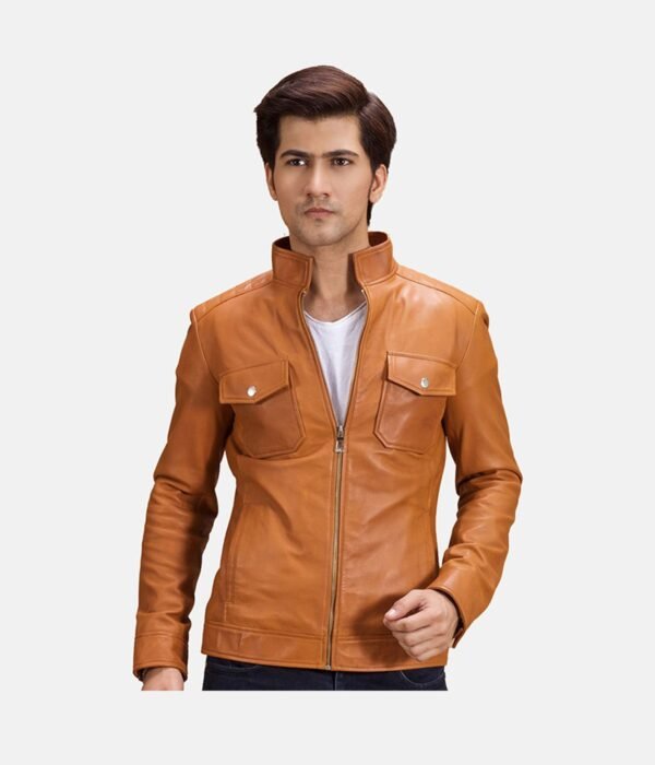 Tan Brown Leather Biker Jacket