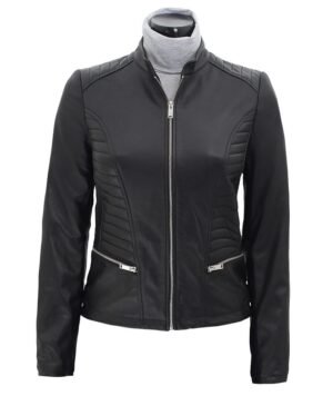 black slim fit leather jacket women