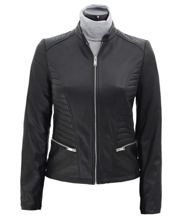 black slim fit leather jacket women