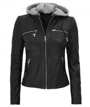 Black Biker Hooded Leather Jacket