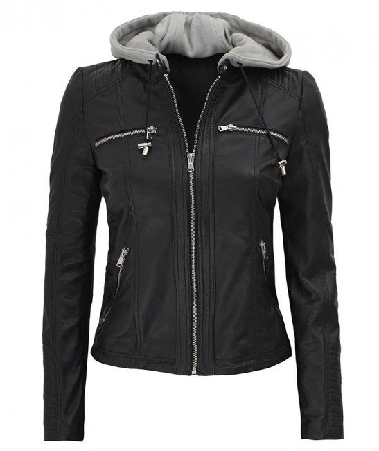 Black Biker Hooded Leather Jacket