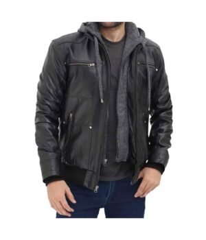 Black Bomber Mens Leather Jacket with Hood