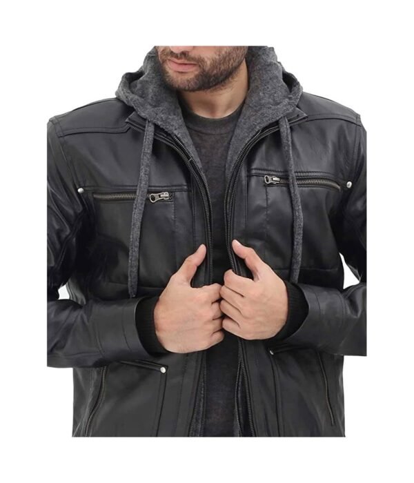 Black Bomber Mens Leather Jacket with Hood