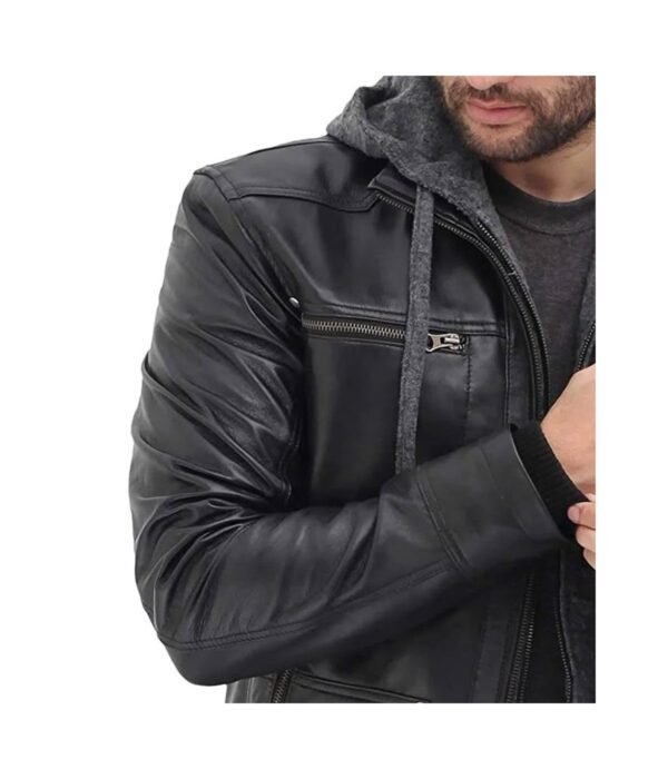 Black Bomber Mens Leather Jacket with Hood