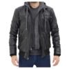 Black Bomber Mens Leather Jacket with Hood