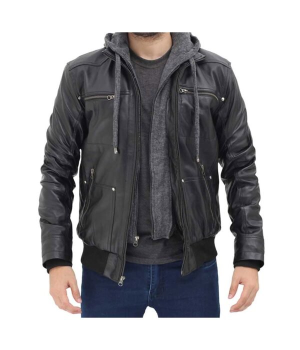 Black Bomber Mens Leather Jacket with Hood