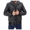 Black Bomber Mens Leather Jacket with Hood
