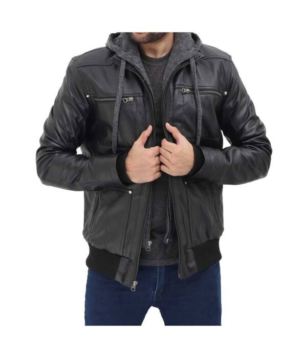 Black Bomber Mens Leather Jacket with Hood