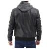 Black Bomber Mens Leather Jacket with Hood