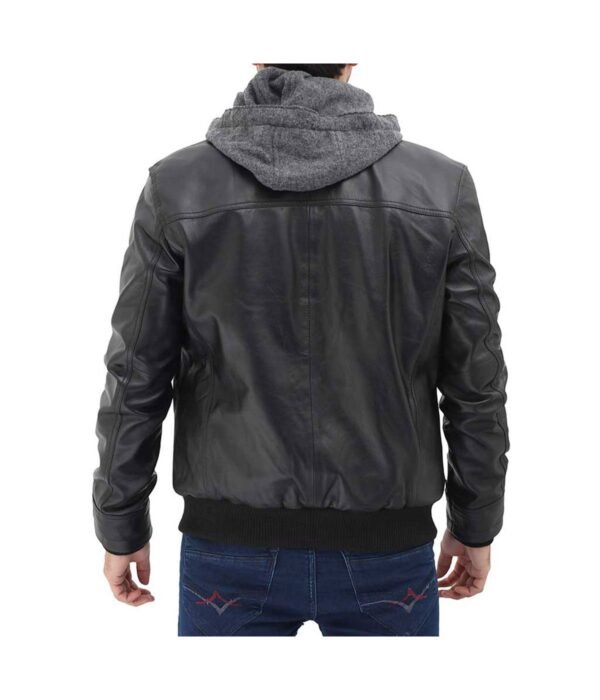 Black Bomber Mens Leather Jacket with Hood