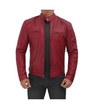 Dodge Mens Maroon Leather Cafe Racer Jacket
