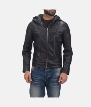 Mens Black Leather Jacket with Hood