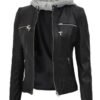 Black Biker Hooded Leather Jacket