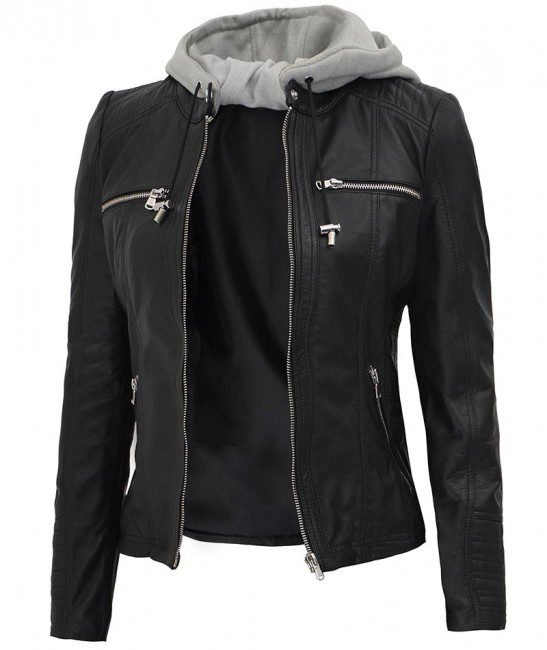 Black Biker Hooded Leather Jacket
